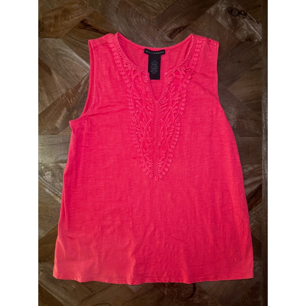 Grace Elements Coral Crochet V-Neck Sleeveless Slub Knit Boho Tank Top Large